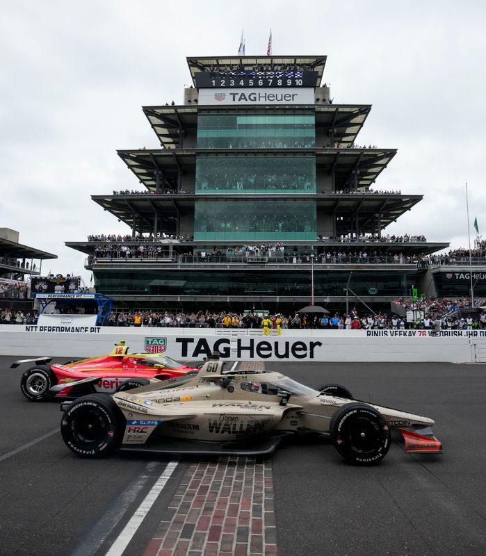 Meyer Shank Racing with Curb Agajanian driver Felix Rosenqvist (60) crosses the Yard of Bricks ahead of Team Penske driver David Malukas (12) on Sunday, May 24, 2026, to win the 110th running of the Indianapolis 500 at Indianapolis Motor Speedway.