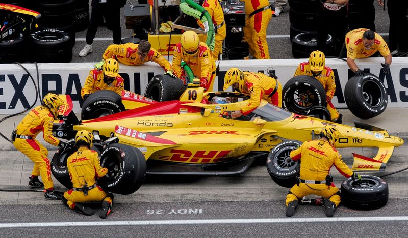 Chip Ganassi Racing driver Alex Palou (10) makes a pit stop Sunday, May 24, 2026, during the 110th running of the Indianapolis 500 at Indianapolis Motor Speedway.