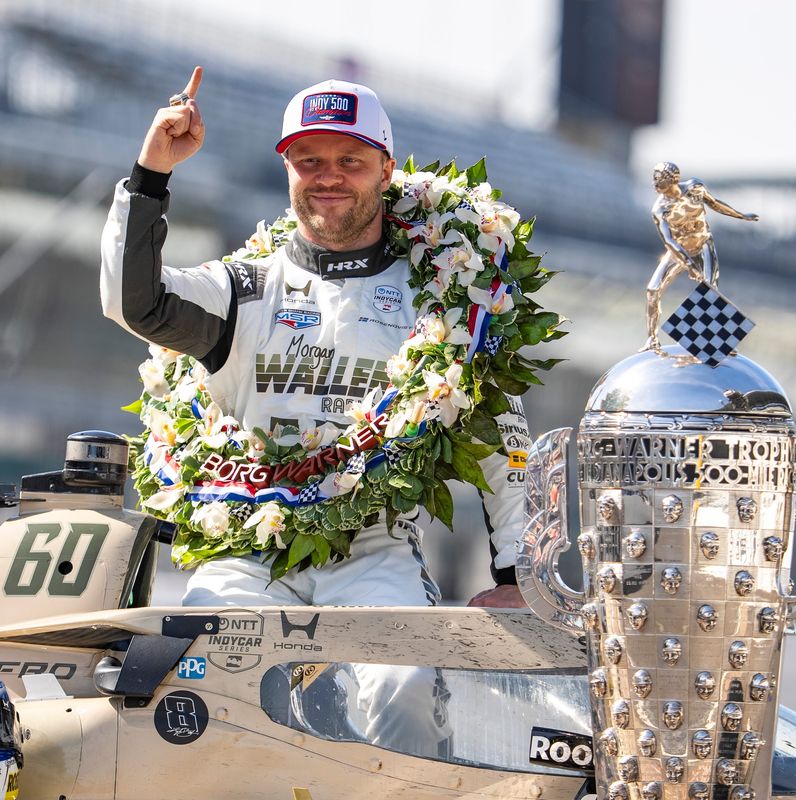 Meyer Shank Racing with Curb Agajanian driver Felix Rosenqvist (60) poses for photos on Monday, May 25, 2026, after winning the 110th running of the Indianapolis 500 at Indianapolis Motor Speedway.