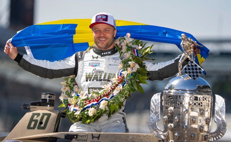 Meyer Shank Racing with Curb Agajanian driver Felix Rosenqvist (60) poses for photos on Monday, May 25, 2026, after winning the 110th running of the Indianapolis 500 at Indianapolis Motor Speedway.