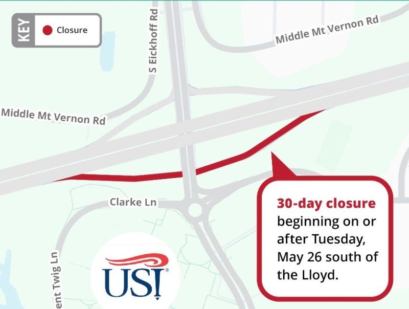 A graphic from the Indiana Department of Transportation shows a temporarily closure between the eastbound Lloyd Expressway and University Parkway on the south side of the roadway.