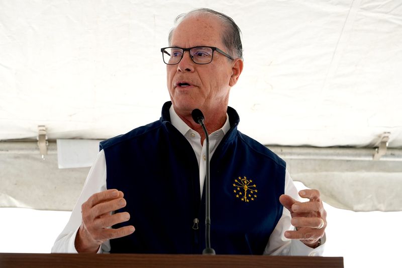 Indiana Governor Mike Braun speaks ahead of the ribbon cutting to mark the opening of the final interchange at 141st Street as part of the State Road 37 Improvement project on Tuesday, May 26, 2026, at Ed Martin Toyota in Noblesville, Indiana.