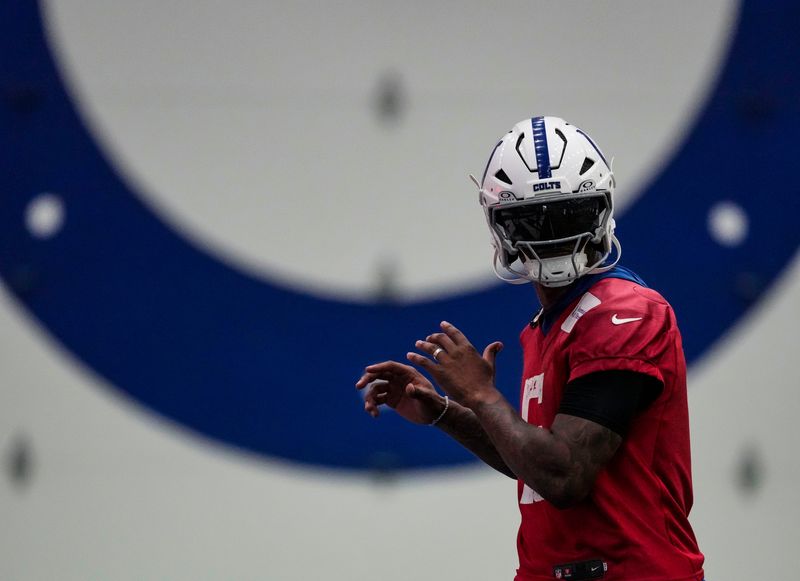 Indianapolis Colts quarterback Anthony Richardson Sr. (5) stretches Wednesday, May 27, 2026, during practice at the Indiana Farm Bureau Football Center in Indianapolis.