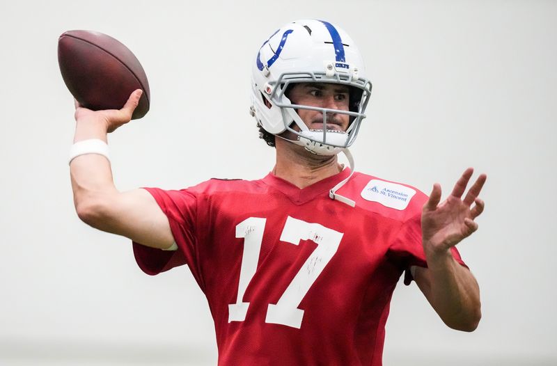 Indianapolis Colts quarterback Daniel Jones (17) throws the ball Wednesday, May 27, 2026, during practice at the Indiana Farm Bureau Football Center in Indianapolis.