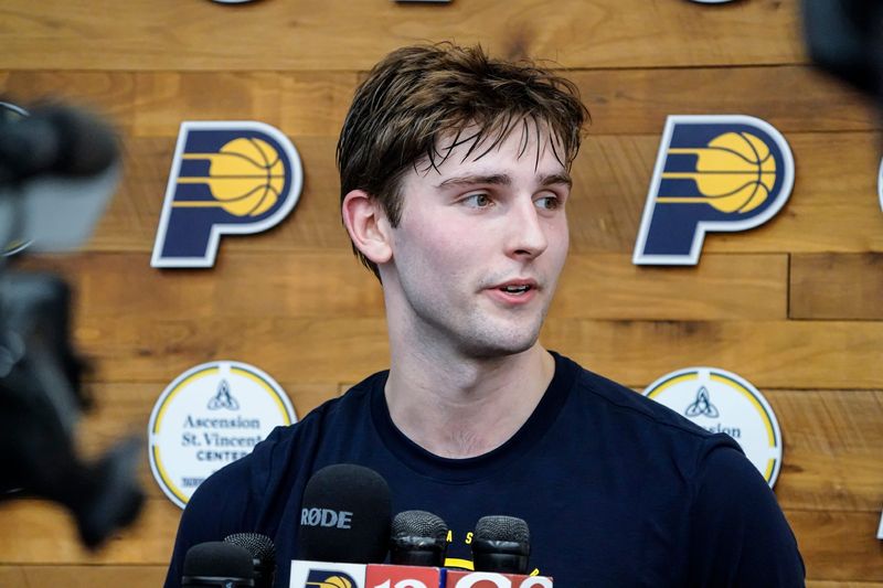 Peter Suder, a potential Indiana Pacers draftee, is interviewed after a work out with the Pacers and staff at the Ascension St. Vincent Center on Thursday, May 28, 2026, in Indianapolis.