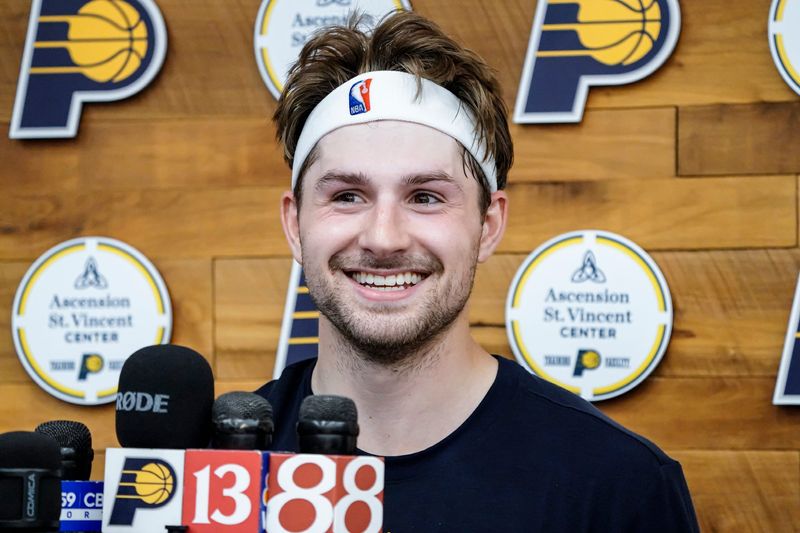 Sam Hoiberg, a potential Indiana Pacers draftee, is interviewed after a work out with the Pacers and staff at the Ascension St. Vincent Center on Thursday, May 28, 2026, in Indianapolis.