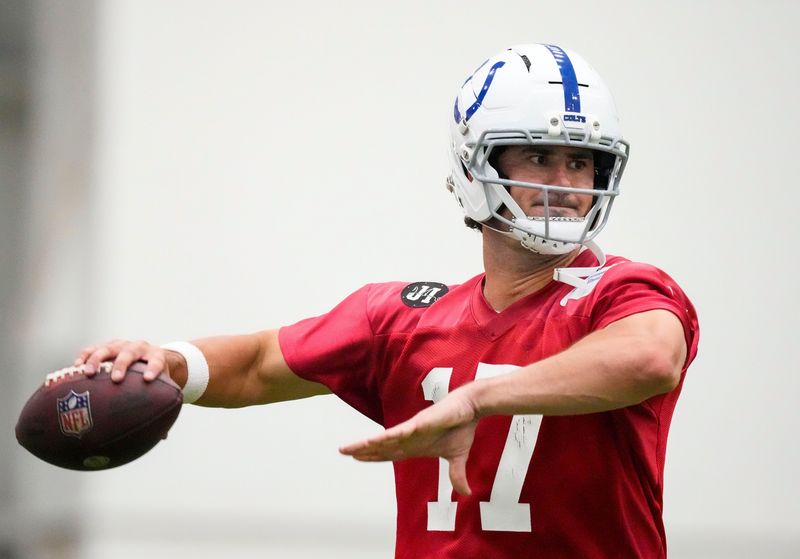 Indianapolis Colts quarterback Daniel Jones (17) throws the ball Wednesday, May 27, 2026, during practice at the Indiana Farm Bureau Football Center in Indianapolis.