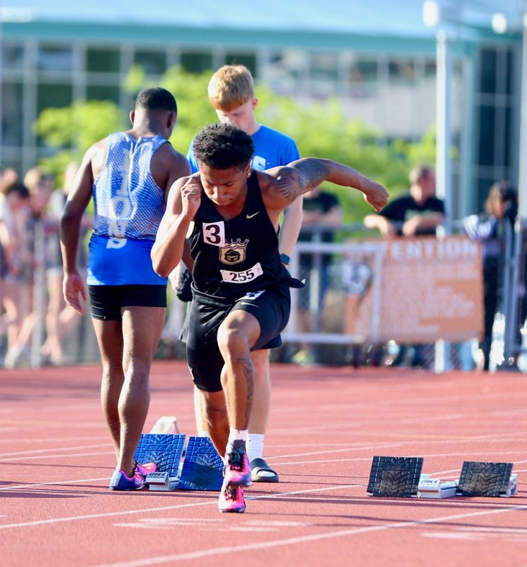 Penn senior Ricky Rutland practices coming off the blocks before the 100-meter dash IHSAA regional championship Thursday, May 28, 2026, at Warsaw High School.