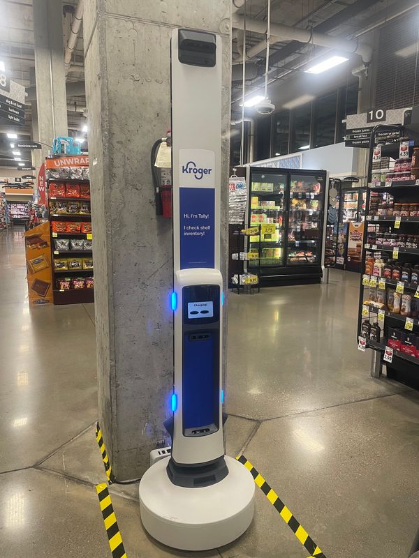 Kroger is using the autonomous robot Tally to keep shelves stocked and detect pricing errors at 227 W. Michigan and other Indiana locations. (Cheryl V. Jackson / IndyStar)