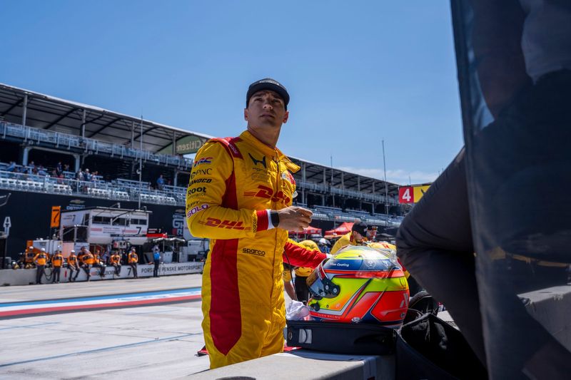 IndyCar driver Alex Palou stands in pit lane during the NTT IndyCar Series Practice 1 at the Chevrolet Detroit Grand Prix presented by Lear in Detroit on Friday, May 29, 2026.
