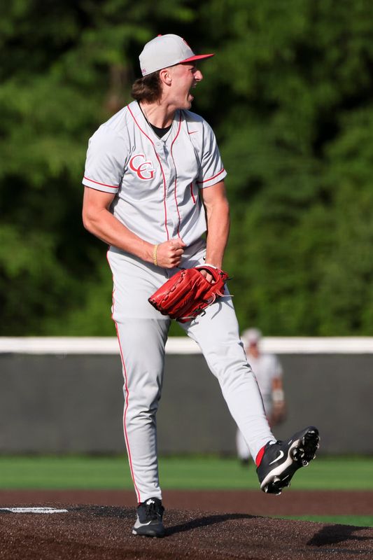 Center Grove pitcher Gannon Grant (1) celebrates after an out on Saturday, May 30, 2026, during a sectional semifinal game at Center Grove High School in Greenwood, Ind. Center Grove defeated Mooreseville, 6-2.