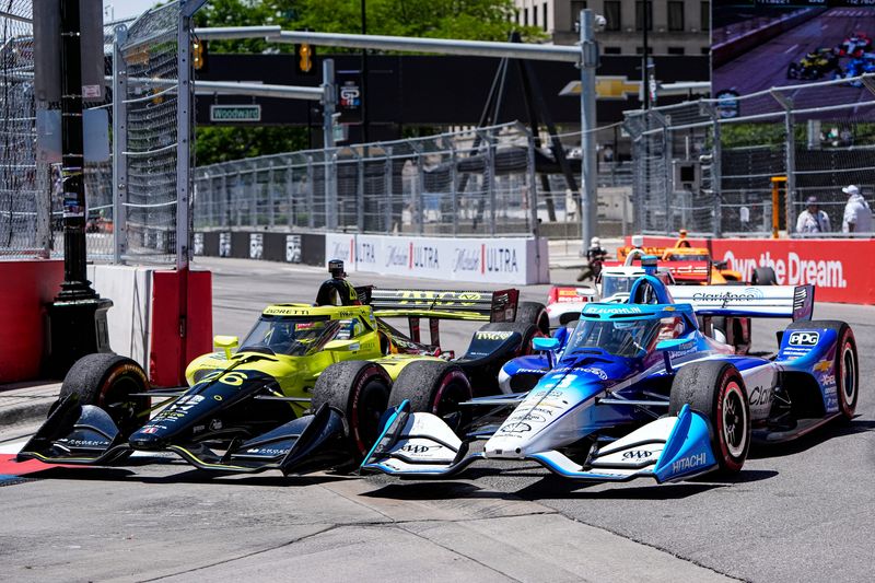 Andretti Global Will Power Will Power (26) and Team Penske Scott McLaughlin Scott McLaughlin (3) make their way around Turn 4 during Detroit Grand Prix in Detroit on Sunday, May 31, 2026.