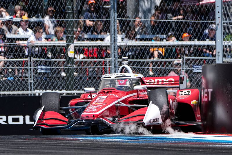 Team Penske Josef Newgarden (2) makes his way around Turn 3 during Detroit Grand Prix in Detroit on Sunday, May 31, 2026.