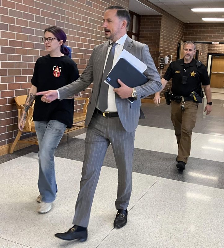Shayna Burko, far left, enters a Warrick County courtroom on June 1, 2026.