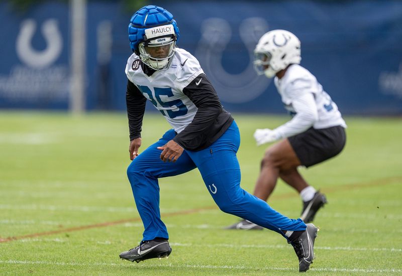 Indianapolis Colts safety A.J. Haulcy (25) drops back during a drill Monday, June 1, 2026, during practice at the Indiana Farm Bureau Football Center.