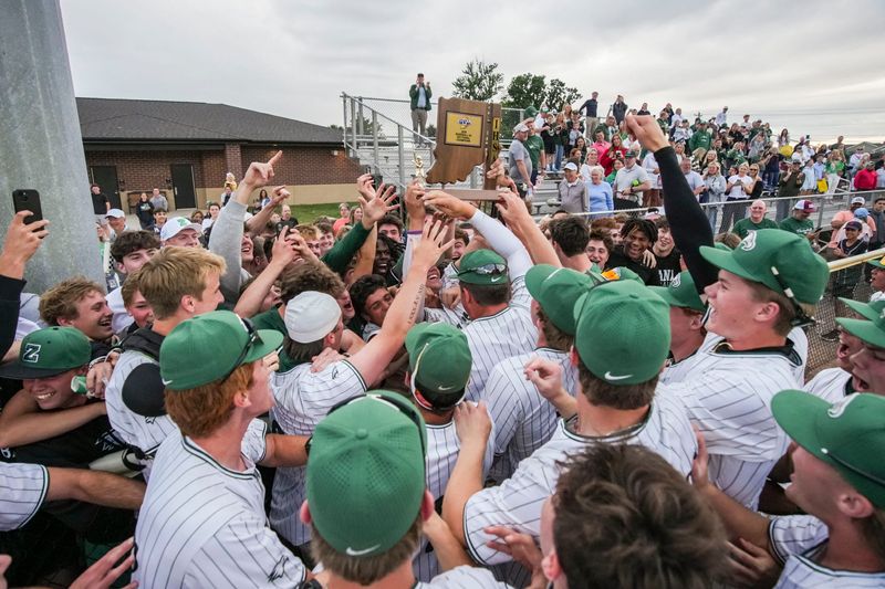 The Zionsville Eagles celebrate Monday, June 1, 2026, after winning a sectional championship matchup at Dunker Field at Hazel Dell Elementary School in Noblesville. The Zionsville Eagles defeated the Fishers Tigers, 4-3.