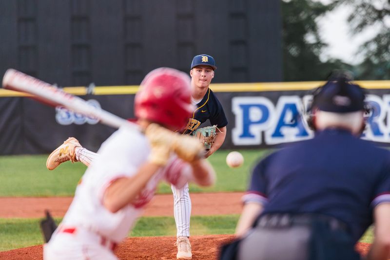 Delta senior Maddox Huffman (12) pitches at the IHSAA Class 3A Baseball Sectional #24 at Jay County High School.
