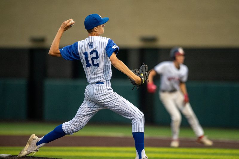 Memorial's Brady Mason (12) pitches as the Memorial Tigers play the Heritage Hills Patriots for the 2026 IHSAA Class 3A Baseball sectional championship at Braun Stadium in Evansville, Ind., Monday, June 1, 2026.