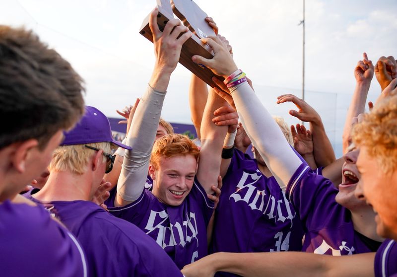 Bloomington South’s Max Surdam (6) celebrates after defeating Bloomington North in the sectional championship game at South on Monday, June 1, 2026.