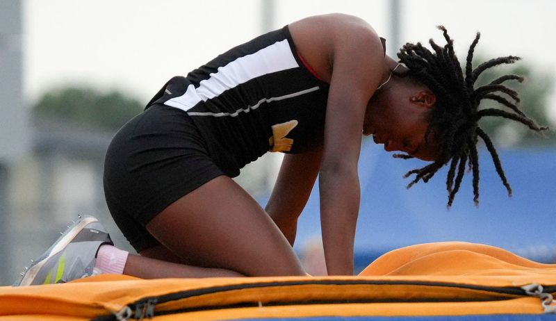 Kira Smith reacts after she jumps during an IHSAA regionals girls track and field meet on Tuesday, May 26, 2026, at Greenfield-Central High School.