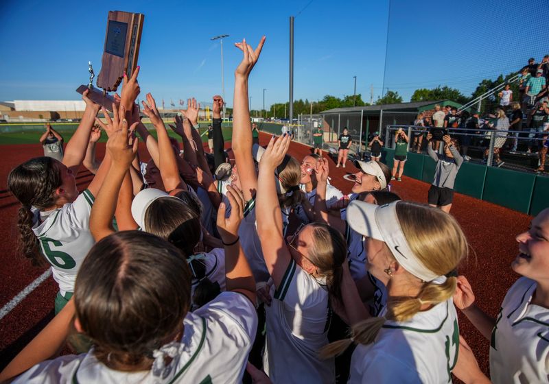 The Pendleton Heights Arabians celebrate Tuesday, June 2, 2026, after winning a regional championship matchup at Lawrence North High School in Indianapolis. The Pendleton Heights Arabians defeated the Lawrence North Wildcats, 10-0, in five innings.
