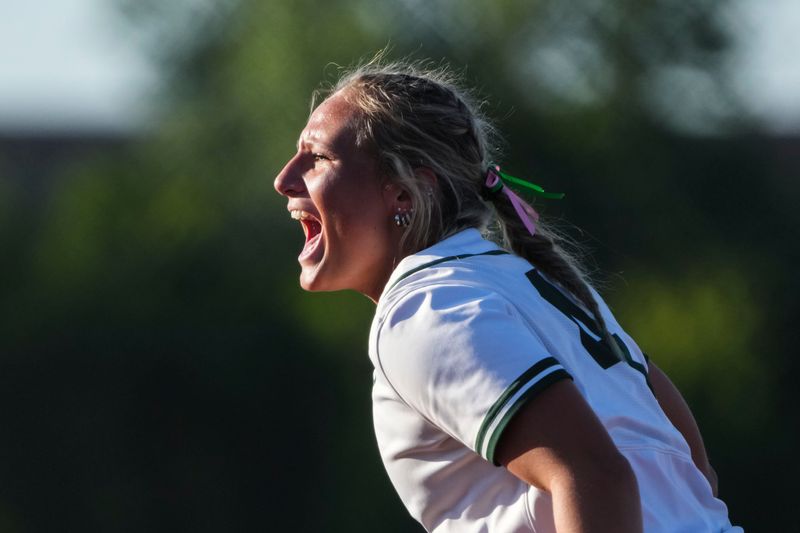 Pendleton Heights Arabians’ Brynlie Holden (4) celebrates Tuesday, June 2, 2026, after winning a regional championship matchup at Lawrence North High School in Indianapolis. The Pendleton Heights Arabians defeated the Lawrence North Wildcats, 10-0, in five innings.