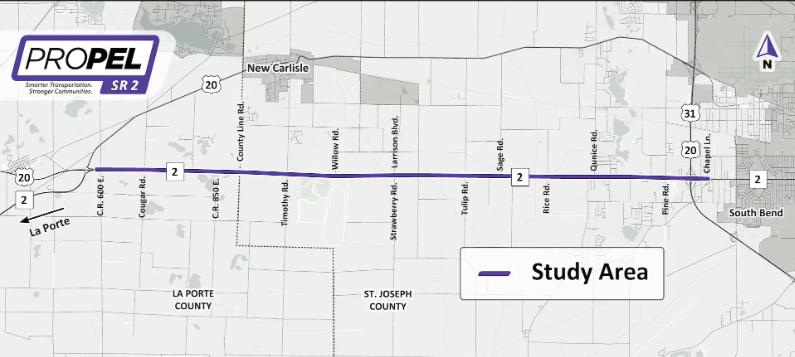 The Indiana Department of Transportation Planning and Environmental Linkages 13-mile long study area between New Carlisle and South Bend Wednesday, June 3, 2026.