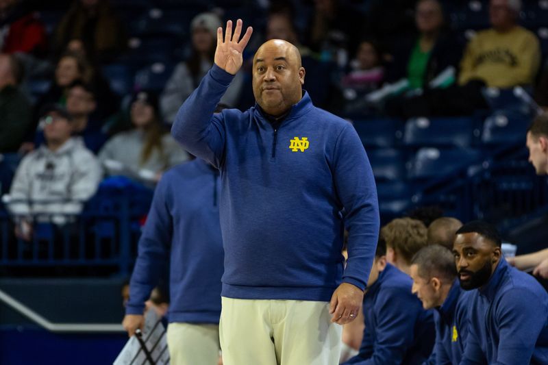 Jan 24, 2026; South Bend, Indiana, USA; Notre Dame Fighting Irish head coach Micah Shrewsberry calls a play against the Boston College Eagles during the first half at Purcell Pavilion at the Joyce Center. Mandatory Credit: Michael Caterina-Imagn Images