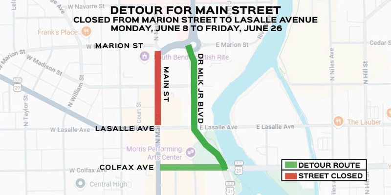 A detour map for a water main installation, which will close Main Street between Marion Street and LaSalle Avenue starting Monday, June 8. The city anticipates a reopening of Friday June, 26.