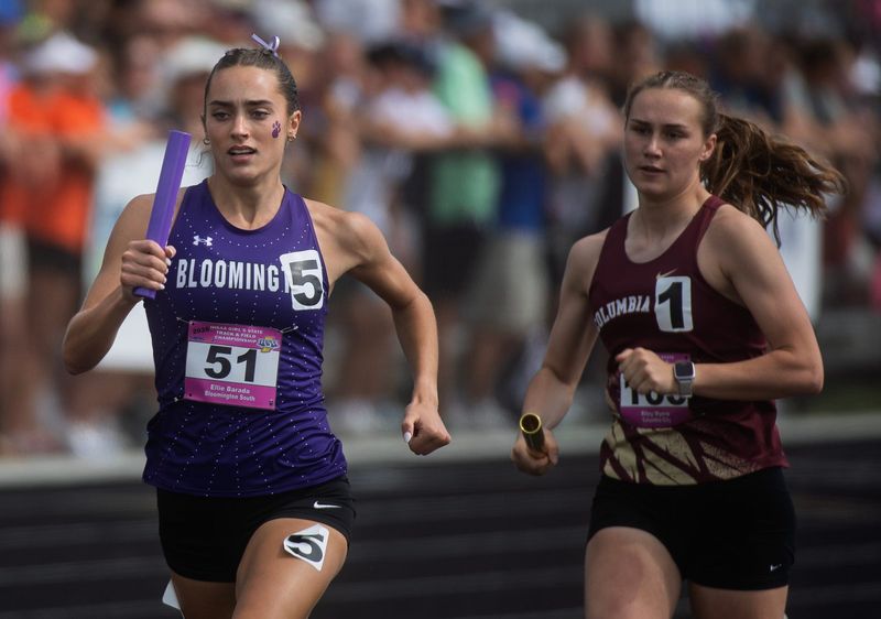 South's Ellie Barada runs her leg of the 4 x 800 relay during the IHSAA girls state track meet at North Central High School on Friday, June 5, 2026.