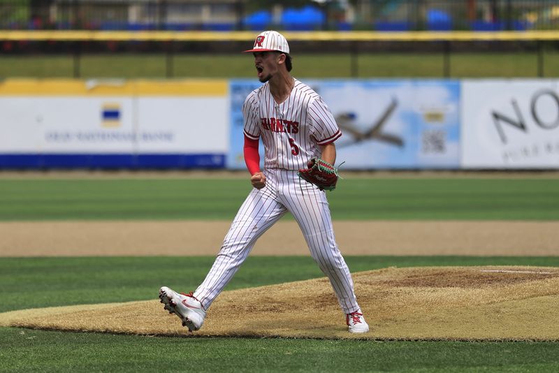 Rossville pitcher Eli Barnes gets excited during an IHSAA Class 1A baseball regional championship game against Riverton Parke Saturday, June 6, 2026, at Loeb Stadium in Lafayette.