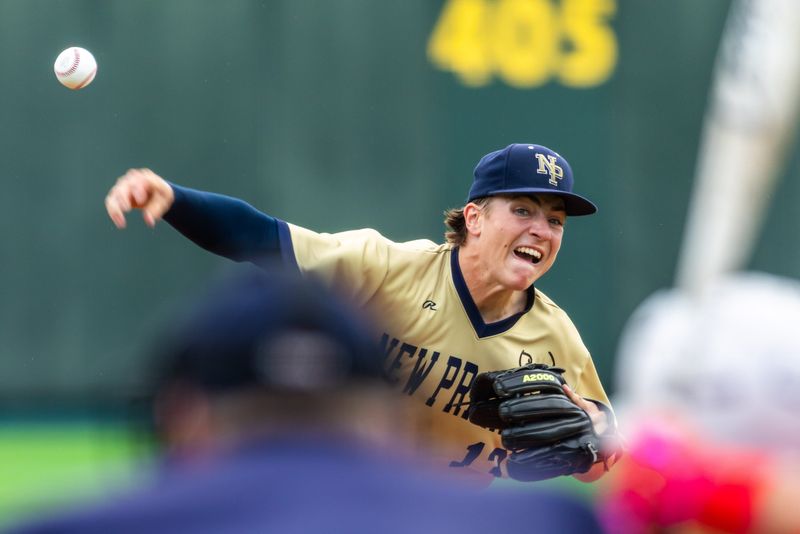 New Prairie's Sullivan Kress (13) pitches during the New Prairie vs. Andrean High School regional championship baseball game Saturday, June 6, 2026 at Four Winds Field.
