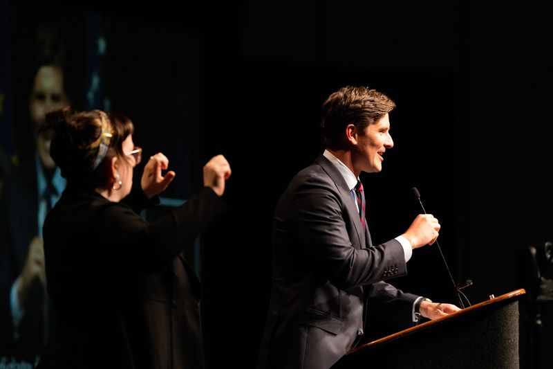 Indiana Secretary of State candidate Beau Bayh (D) delivers his final speech before voting during the Indiana Democratic State Convention at the Indiana Convention Center on Saturday, June 6, 2026.