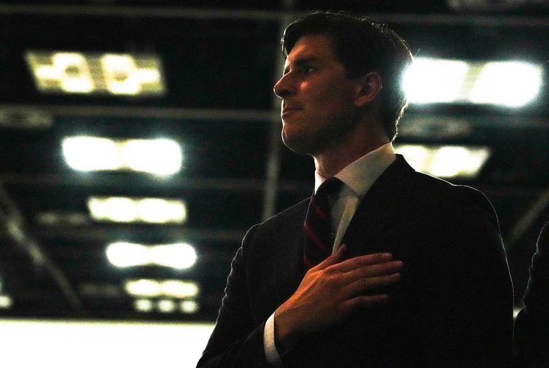 Indiana Secretary of State Candidate Beau Bayh (D) stands for the pledge of allegiance during the Indiana Democratic State Convention at the Indiana Convention Center on Saturday, June 6, 2026.