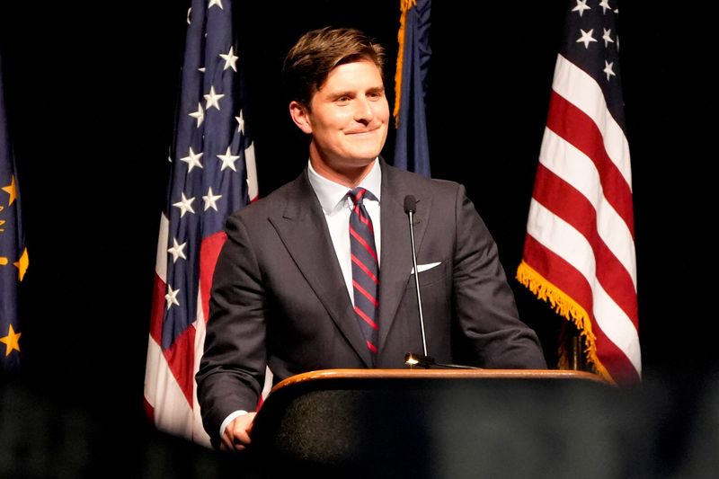 Indiana Secretary of State candidate Beau Bayh (D) delivers his final speech before voting during the Indiana Democratic State Convention at the Indiana Convention Center on Saturday, June 6, 2026.