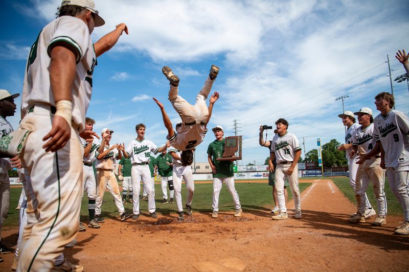 The North Huskies celebrate their 2026 IHSAA Class 4A Baseball Regional win over the Jeffersonville Red Devils at Bosse Field in Evansville, Ind., Saturday, June 6, 2026.