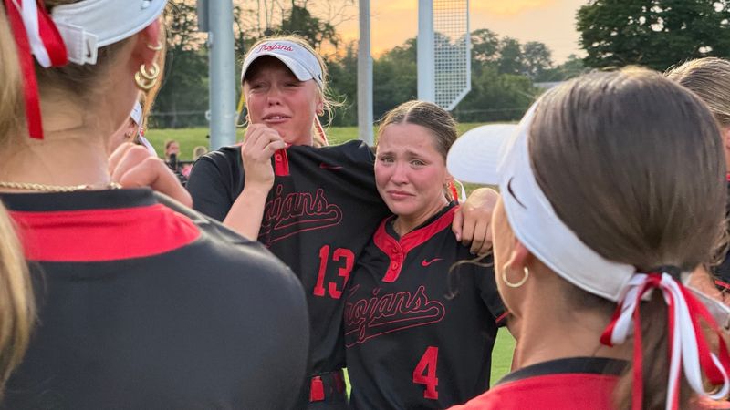 Freshman Hollie Haberstroh and senior Kiersten Hardin following Center Grove's 6-2 loss to Terre Haute North in the Class 4A semistate championship game on Sat., June 6, 2026 in Bedford.