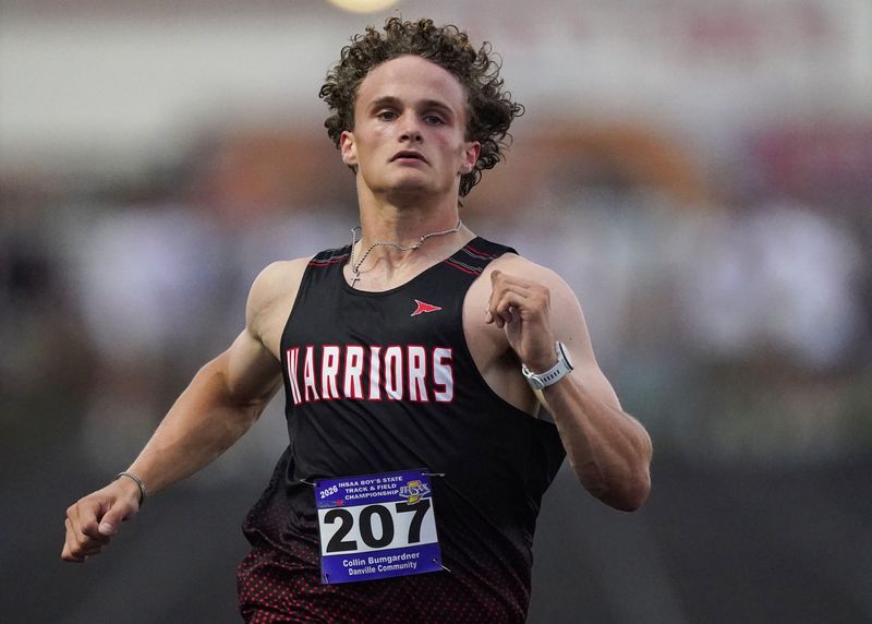 Danville’s Collin Bumgardner competes in the 100 meter dash on Saturday, June 6, 2026, during the IHSAA boys track and field state finals at North Central High School in Indianapolis.