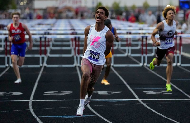 Franklin Central’s Rylan Hainje competes in the 110 high hurdles on Saturday, June 6, 2026, during the IHSAA boys track and field state finals at North Central High School in Indianapolis.