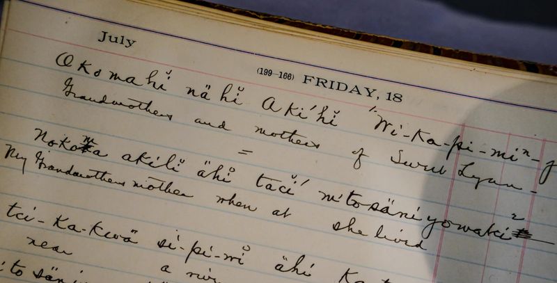 A piece of the historic Jacob Piatt Dunn collection of Miami language translations from the early 1900’s on May 15, 2026, in the Indiana State Library in Indianapolis.
