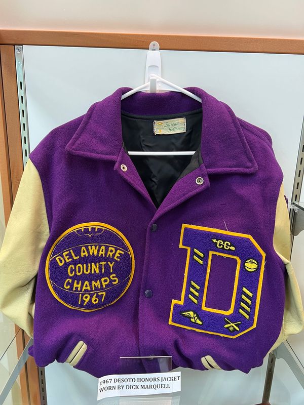 A 1967 DeSoto High School honors jacket worn by Dick Marquell, on display at the Horizon Convention Center in downtown Muncie.