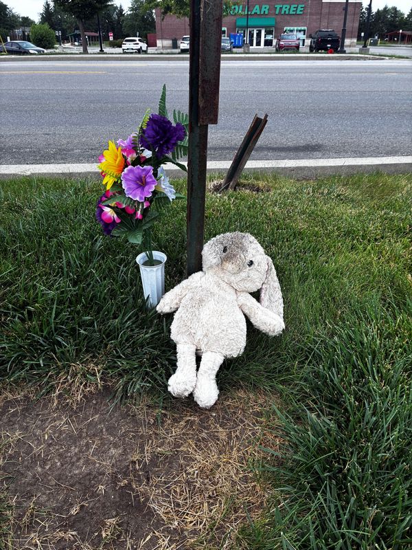 Flowers and a stuffed bunny memorialize 6-year-old Jari Spencer, who was killed in a hit-and-run crash in the 11500 block of East Washington Street in Cumberland on June 7, 2026.
