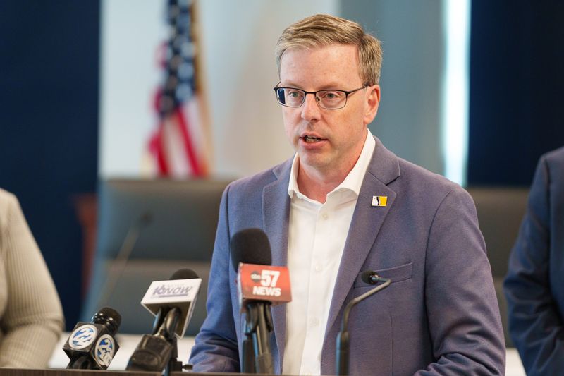 South Bend Mayor James Mueller speaks during a press conference in response to the Reparatory Justice Report Tuesday, June 9, 2026, in South Bend.