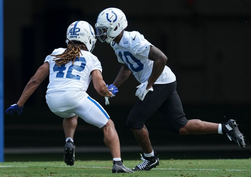 Indianapolis Colts cornerback Jai’Onte’ McMillian (42) attempts to block cornerback Jaylon Jones (40) during the team’s veteran minicamp Tuesday, June 9, 2026, at the Indiana Farm Bureau Football Center in Indianapolis.