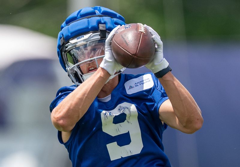 Indianapolis Colts wide receiver Coleman Owen (9) catches a pass Wednesday, June 10, 2026, during minicamp at Indiana Farm Bureau Football Center in Indianapolis.