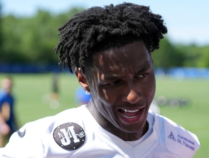 Indianapolis Colts cornerback Sauce Gardner (1) speaks to media members during the team’s minicamp Thursday, June 11, 2026, at the Indiana Farm Bureau Football Center in Indianapolis.