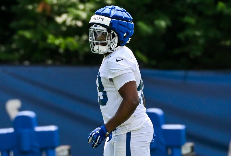 Jun 10, 2026; Indianapolis, IN, USA; Indianapolis Colts linebacker CJ Allen (53) participates in a drill during minicamp at Indiana Farm Bureau Football Center. Mandatory Credit: Robert Goddin-Imagn Images
