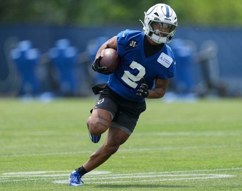 Indianapolis Colts wide receiver Josh Downs (2) runs during the teamâ€™s veteran minicamp Tuesday, June 9, 2026, at the Indiana Farm Bureau Football Center in Indianapolis.