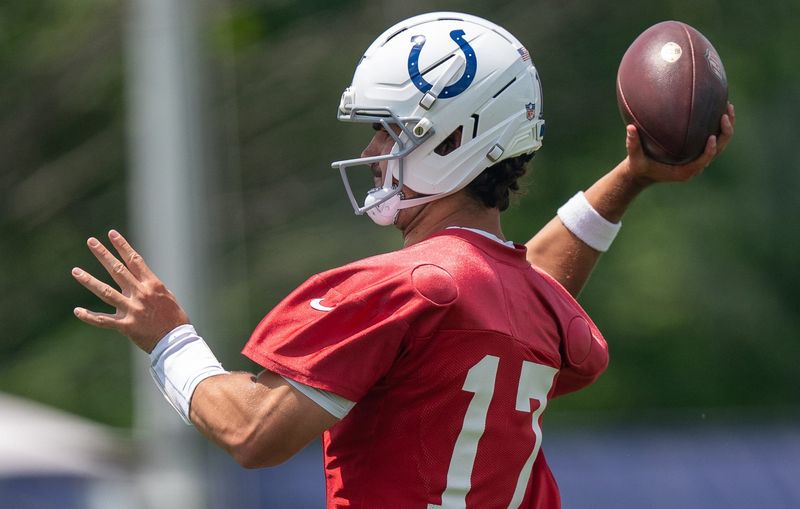 Indianapolis Colts quarterback Daniel Jones (17) throws Wednesday, June 10, 2026, during minicamp at Indiana Farm Bureau Football Center in Indianapolis.