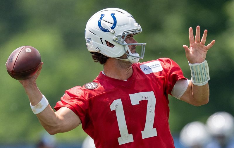 Indianapolis Colts quarterback Daniel Jones (17) throws Wednesday, June 10, 2026, during minicamp at Indiana Farm Bureau Football Center in Indianapolis.